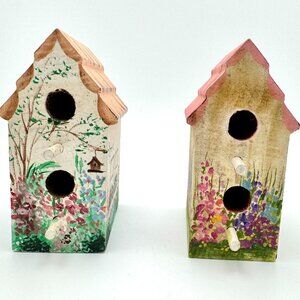 Hand-Painted Miniature Birdhouses Set Of 2 Floral Designs L Magee 4" Gift Decor